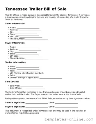 Valid  Trailer Bill of Sale Template for Tennessee