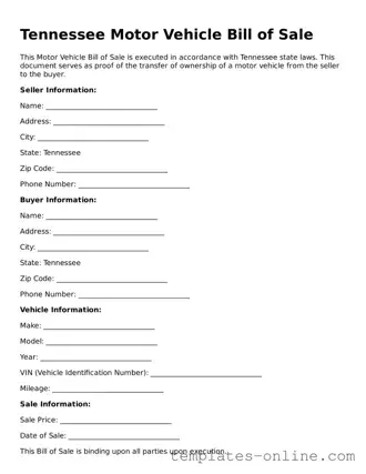 Valid  Motor Vehicle Bill of Sale Template for Tennessee