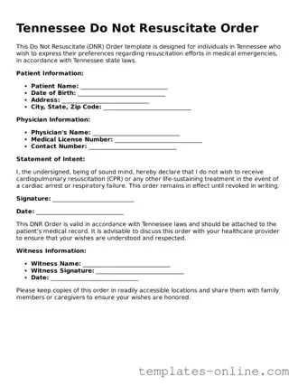 Valid  Do Not Resuscitate Order Template for Tennessee