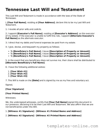 Valid  Last Will and Testament Template for Tennessee