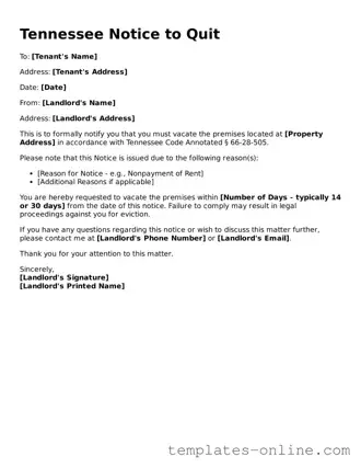 Valid  Notice to Quit Template for Tennessee