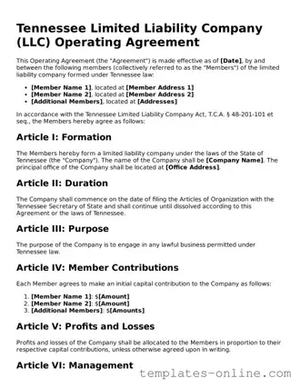 Valid  Operating Agreement Template for Tennessee