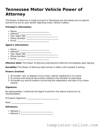Valid  Motor Vehicle Power of Attorney Template for Tennessee
