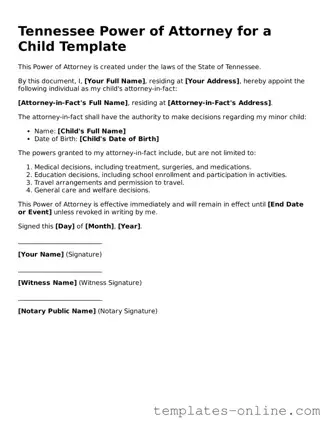 Valid  Power of Attorney for a Child Template for Tennessee