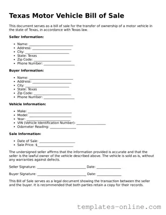 Valid  Motor Vehicle Bill of Sale Template for Texas