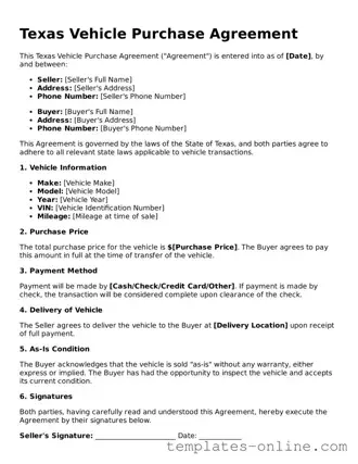 Valid  Vehicle Purchase Agreement Template for Texas