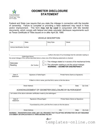 Texas Odometer Statement Template