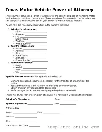 Valid  Motor Vehicle Power of Attorney Template for Texas