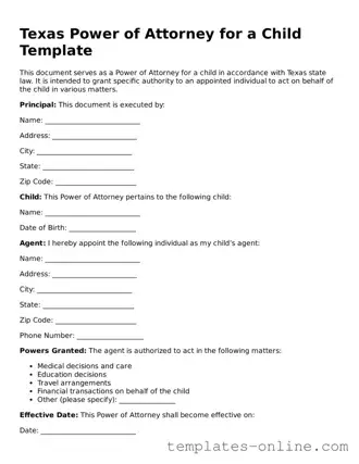 Valid  Power of Attorney for a Child Template for Texas