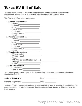 Valid  RV Bill of Sale Template for Texas