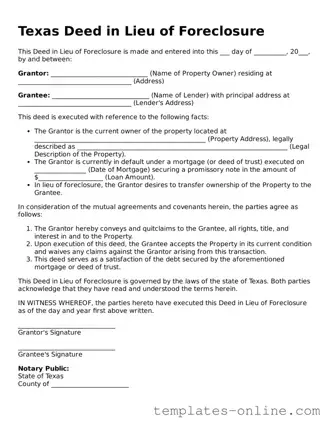 Valid  Deed in Lieu of Foreclosure Template for Texas