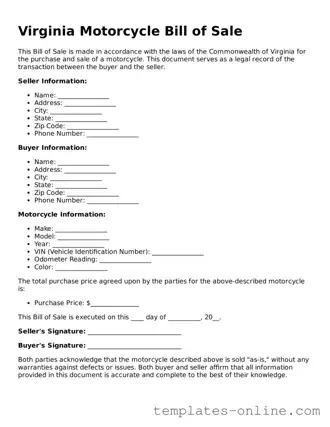 Valid  Motorcycle Bill of Sale Template for Virginia
