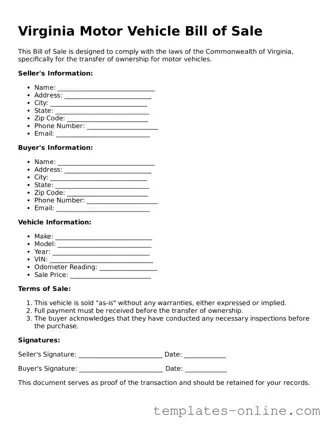 Valid  Motor Vehicle Bill of Sale Template for Virginia