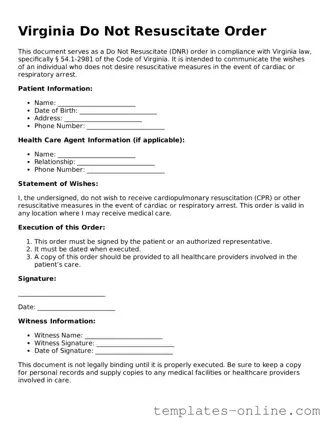 Valid  Do Not Resuscitate Order Template for Virginia