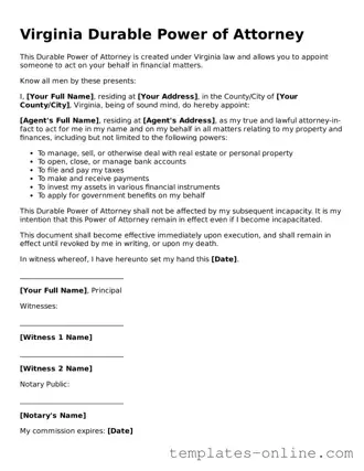 Valid  Durable Power of Attorney Template for Virginia