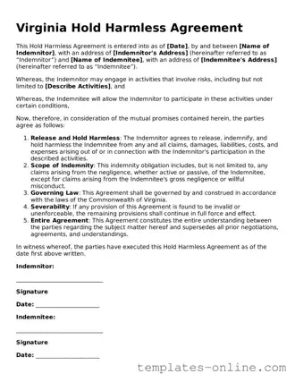Valid  Hold Harmless Agreement Template for Virginia
