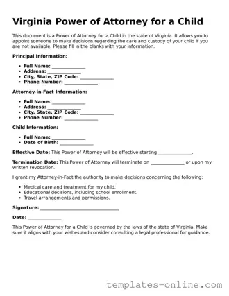 Valid  Power of Attorney for a Child Template for Virginia