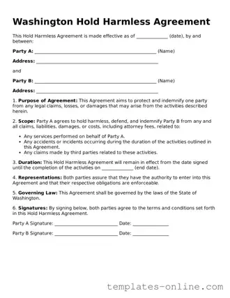 Valid  Hold Harmless Agreement Template for Washington
