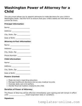 Valid  Power of Attorney for a Child Template for Washington