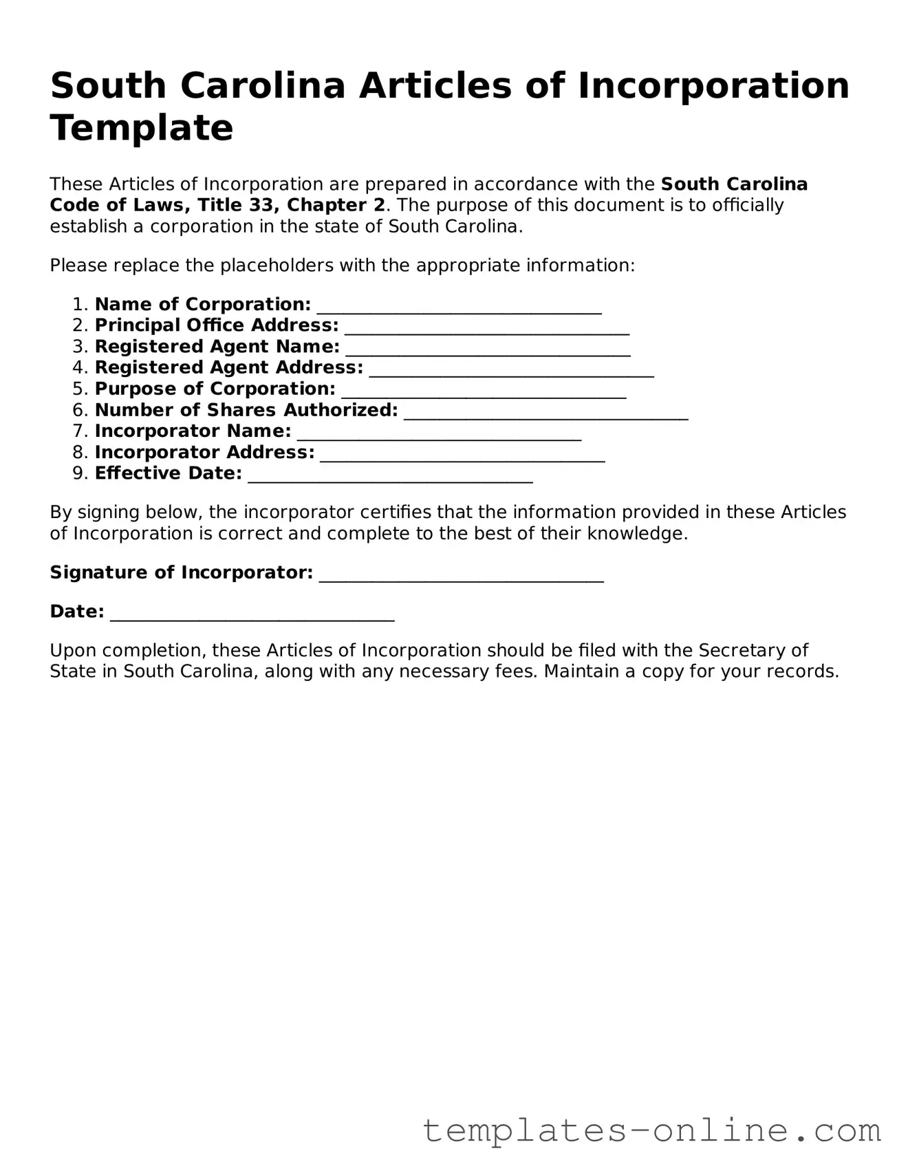 Valid  Articles of Incorporation Template for South Carolina