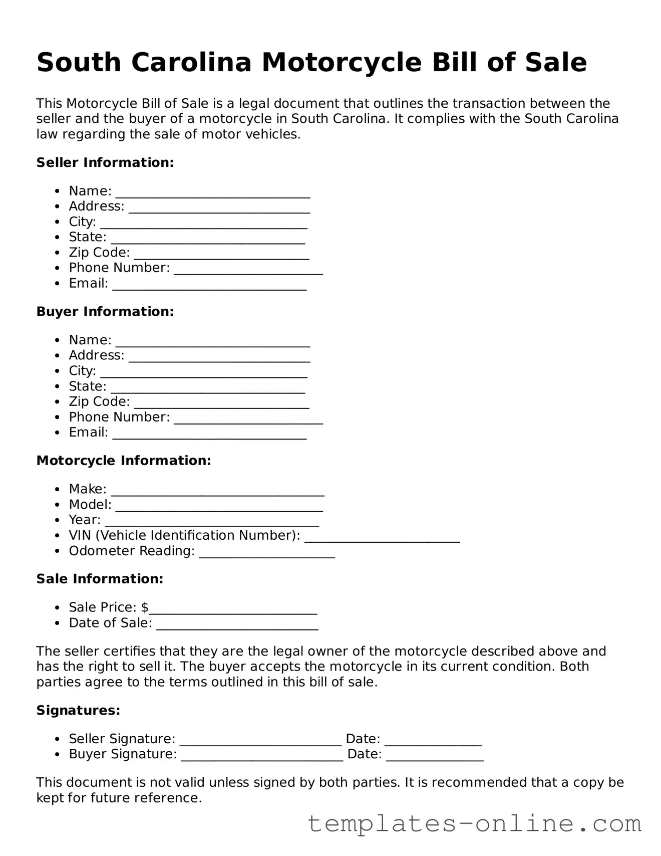 Valid  Motorcycle Bill of Sale Template for South Carolina