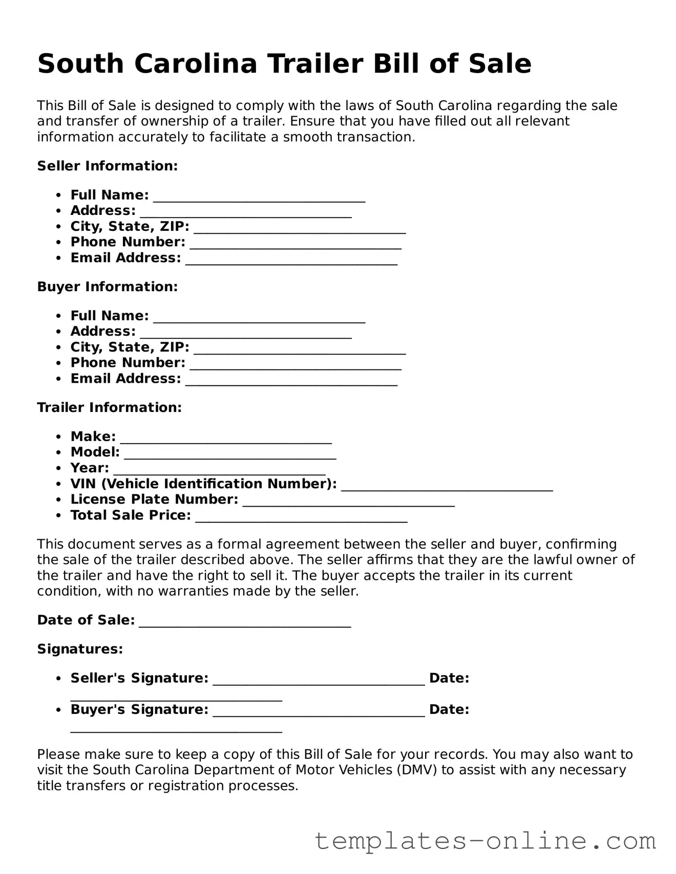 Valid  Trailer Bill of Sale Template for South Carolina