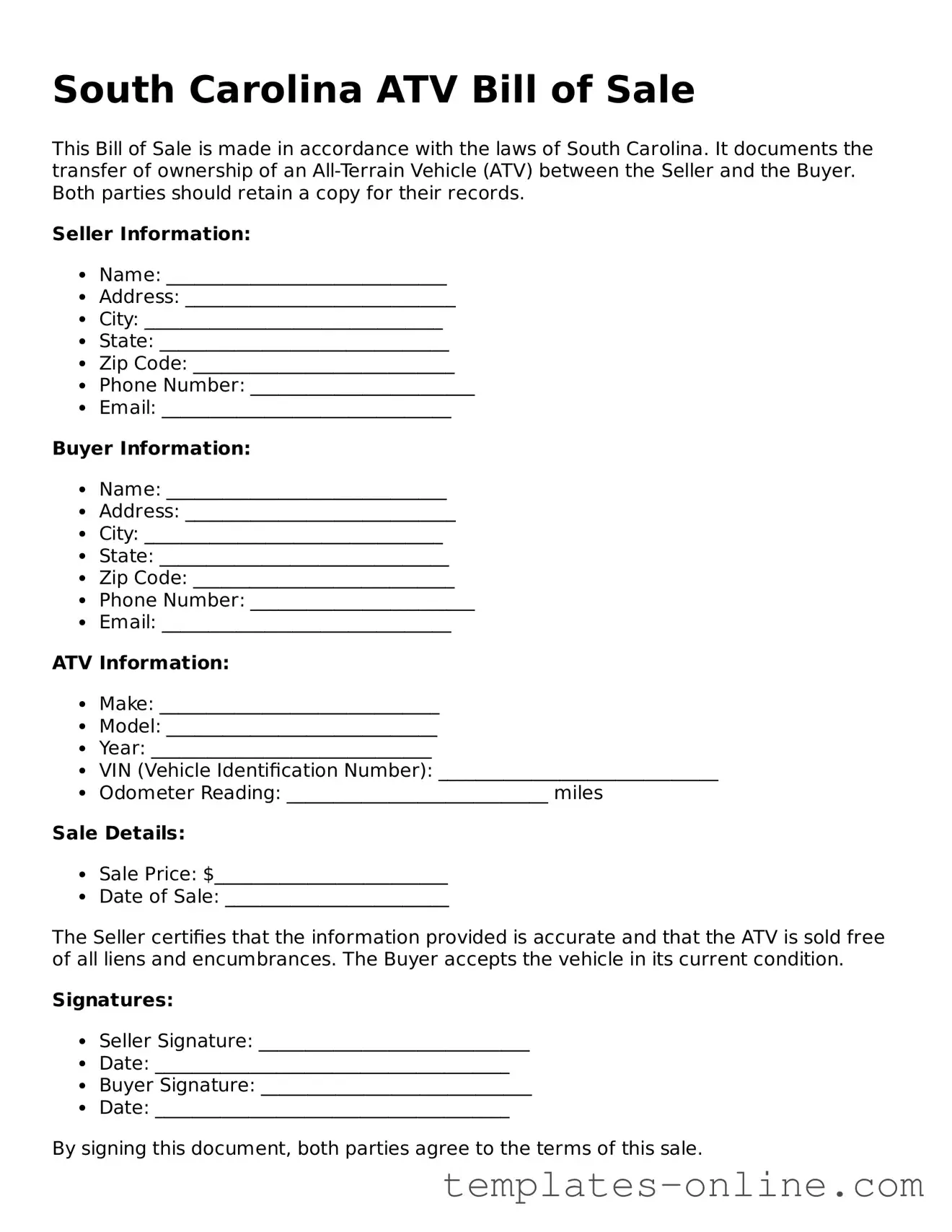 Valid  ATV Bill of Sale Template for South Carolina