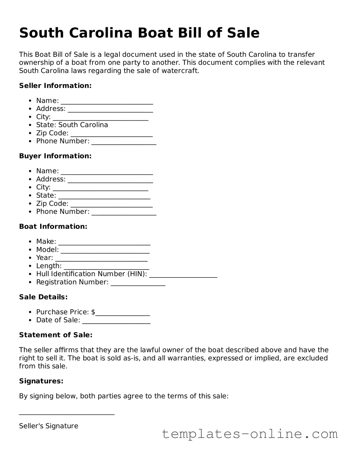 Valid  Boat Bill of Sale Template for South Carolina