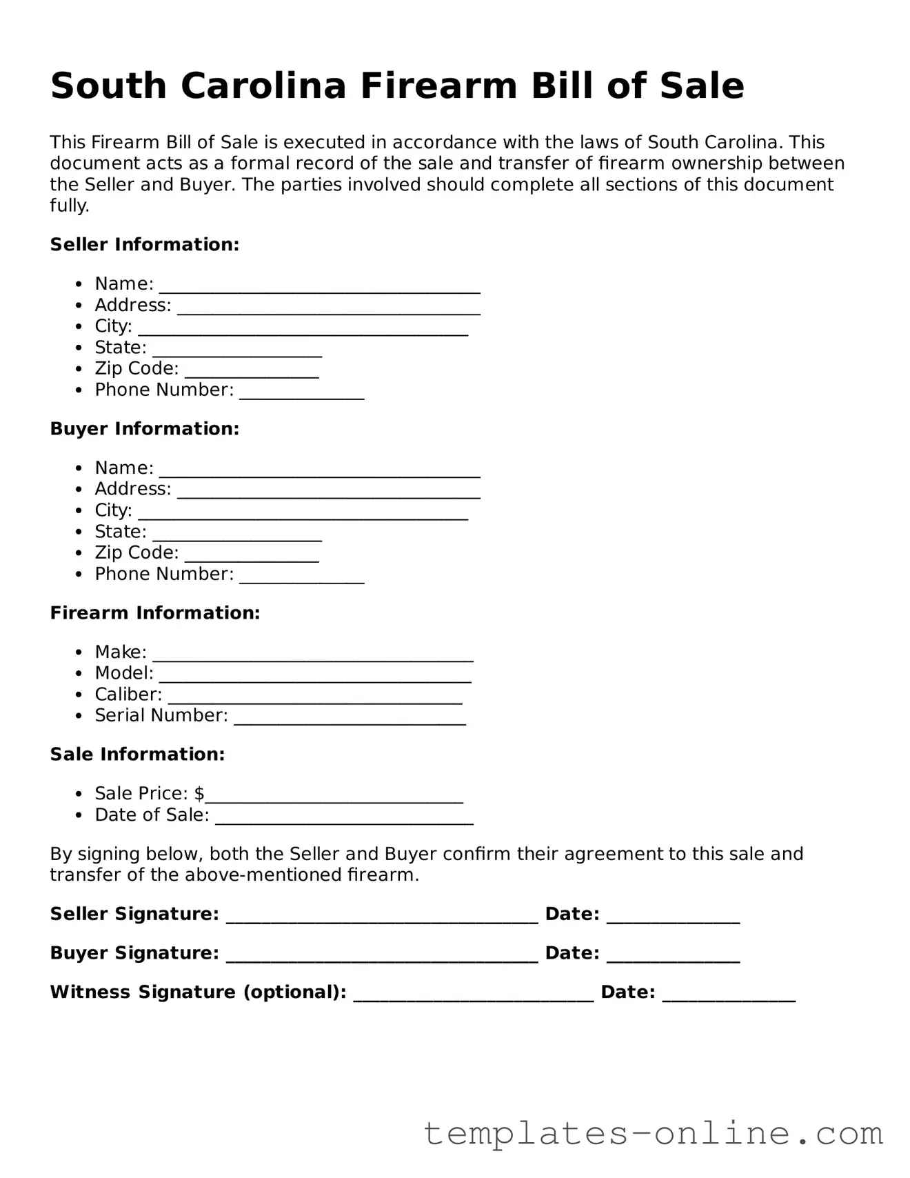 Valid  Firearm Bill of Sale Template for South Carolina