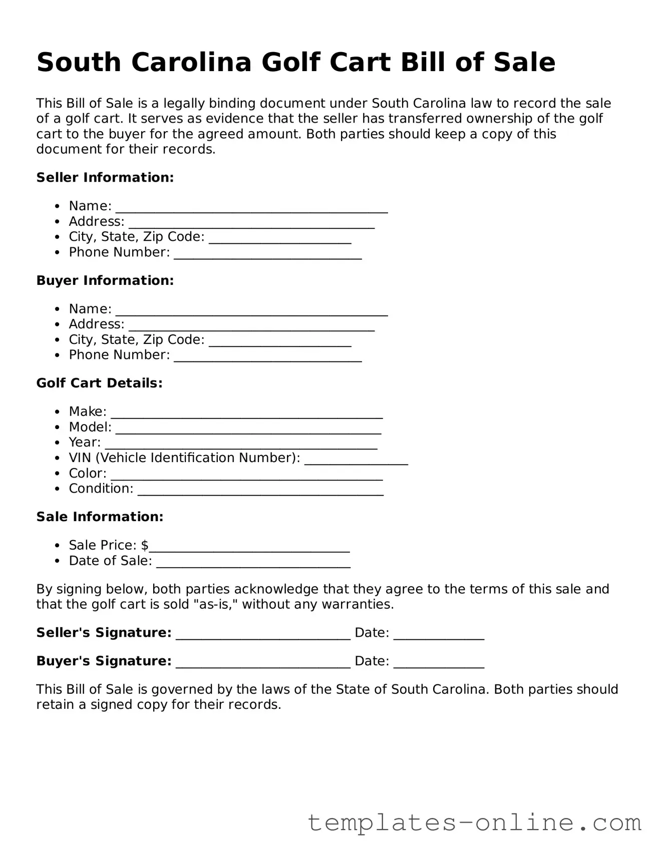 Valid  Golf Cart Bill of Sale Template for South Carolina