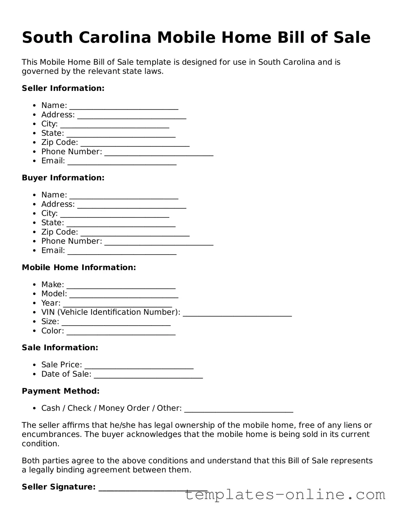Valid  Mobile Home Bill of Sale Template for South Carolina