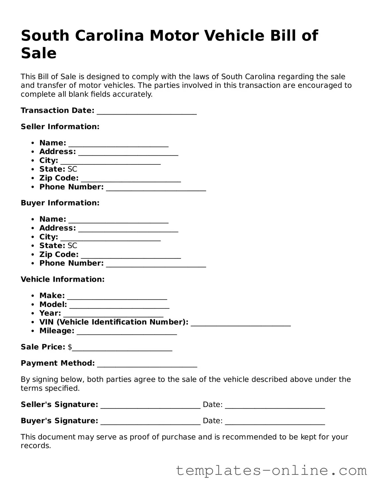 Valid  Motor Vehicle Bill of Sale Template for South Carolina