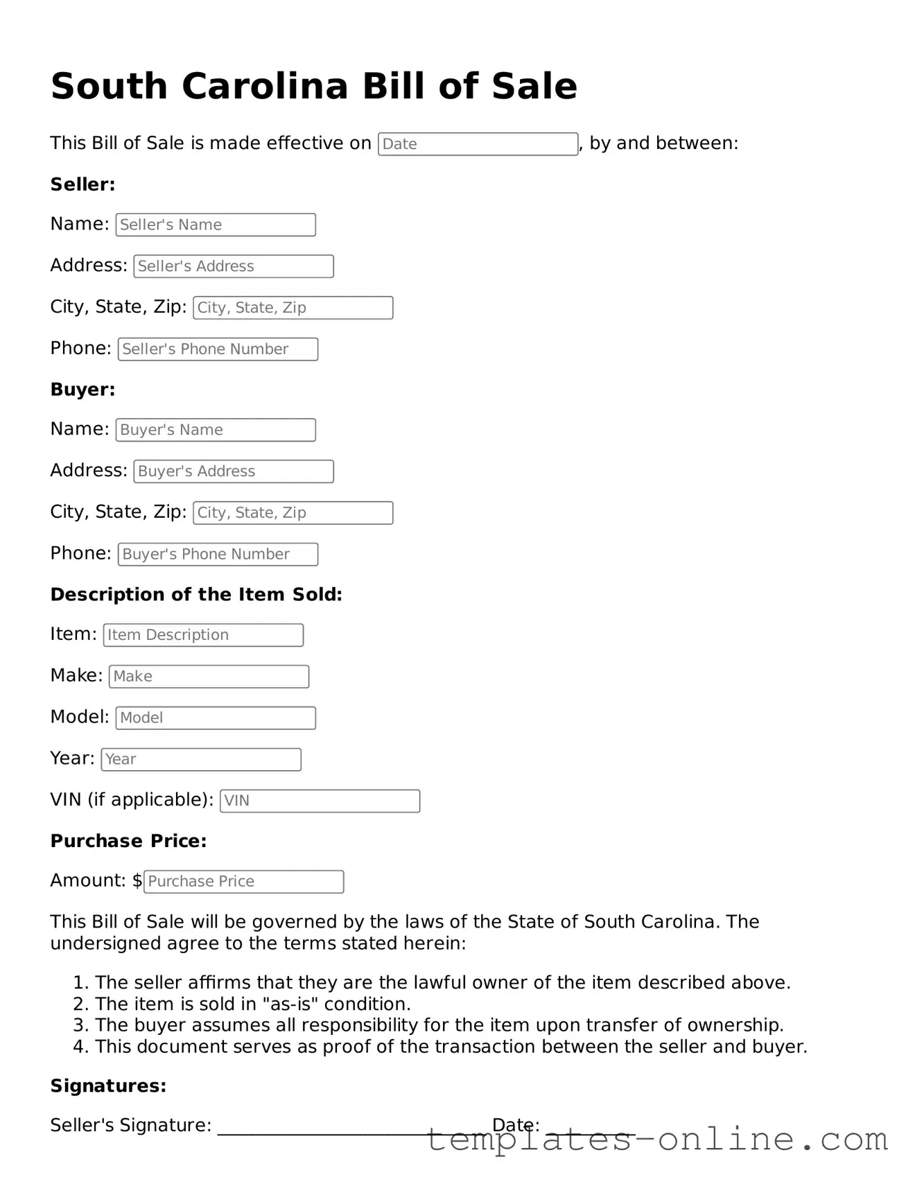 Valid  Bill of Sale Template for South Carolina