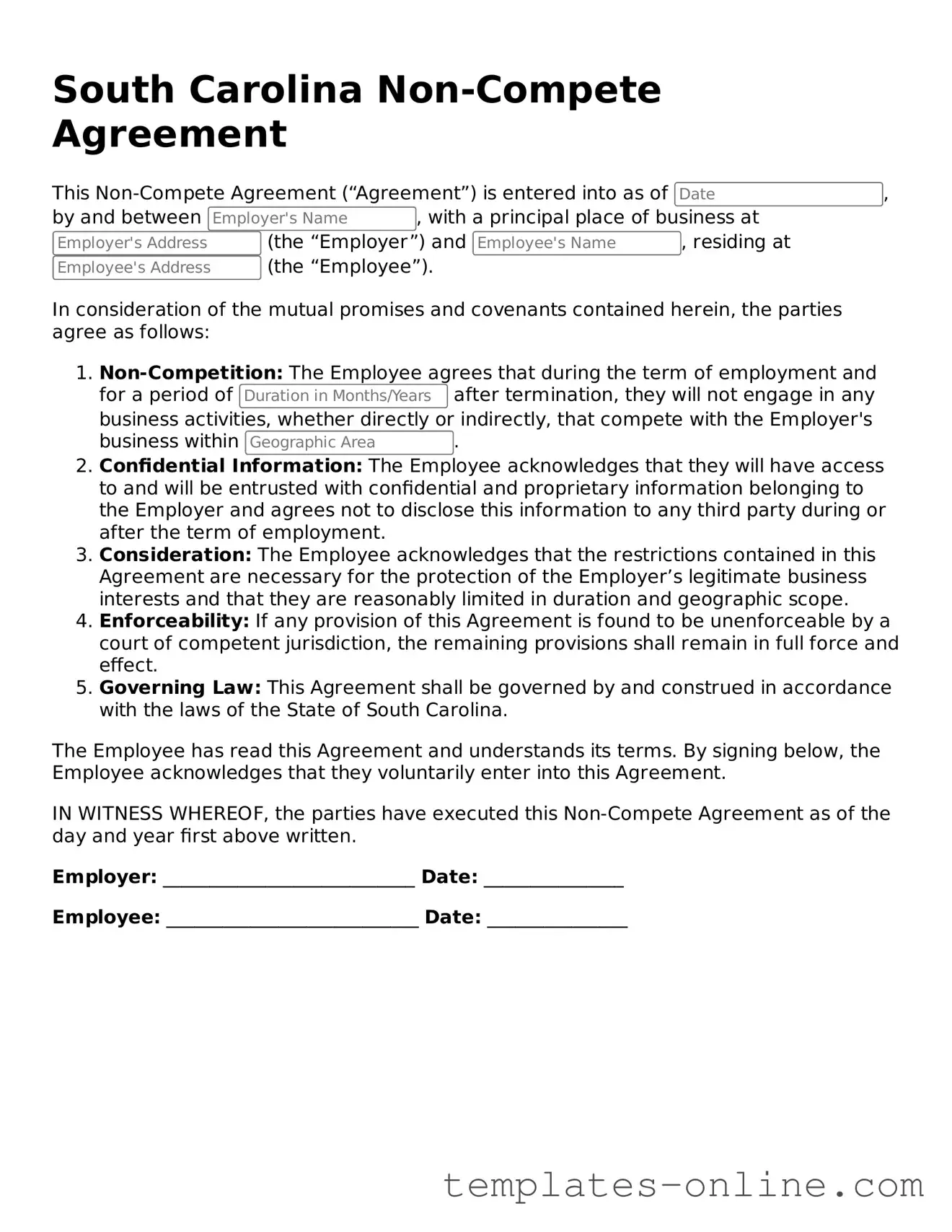 Valid  Non-compete Agreement Template for South Carolina