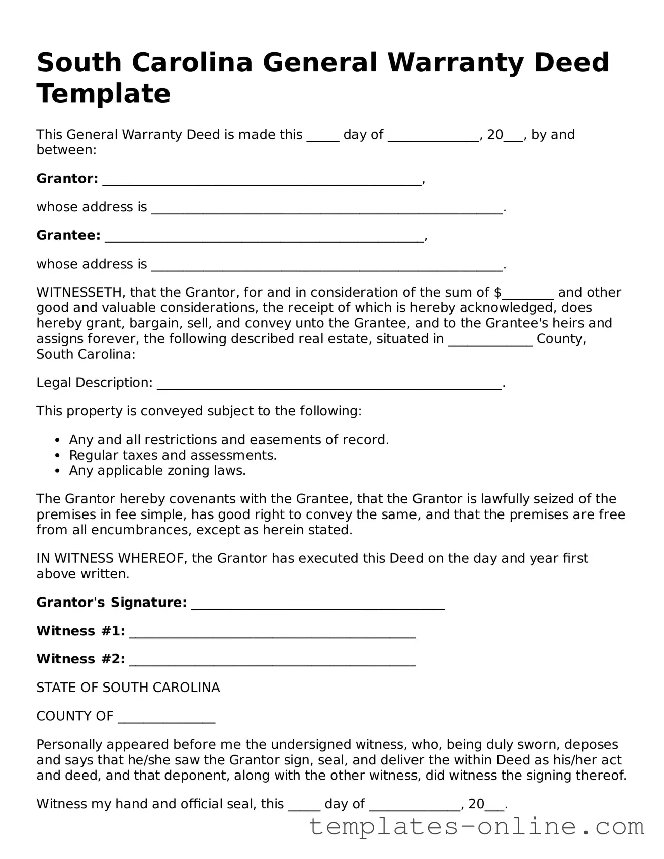 Valid  Deed Template for South Carolina
