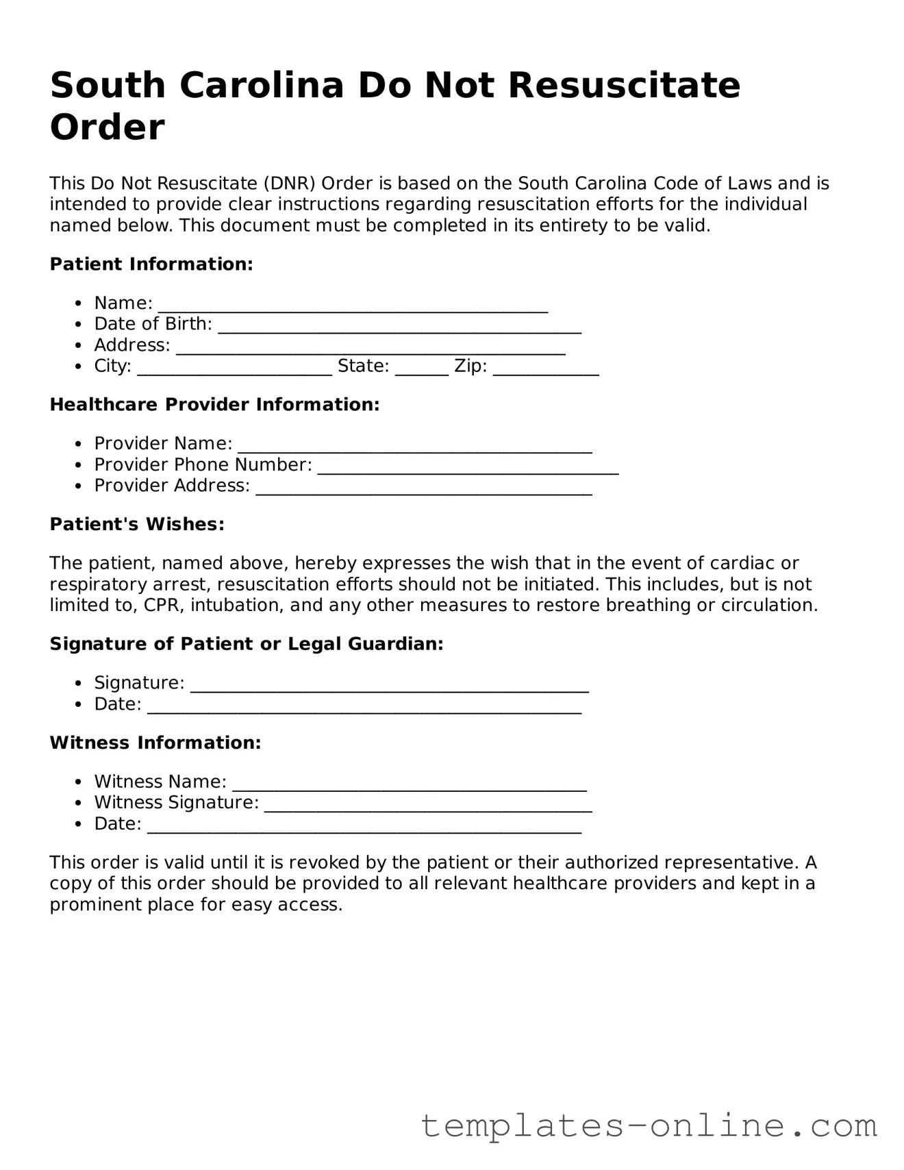 Valid  Do Not Resuscitate Order Template for South Carolina