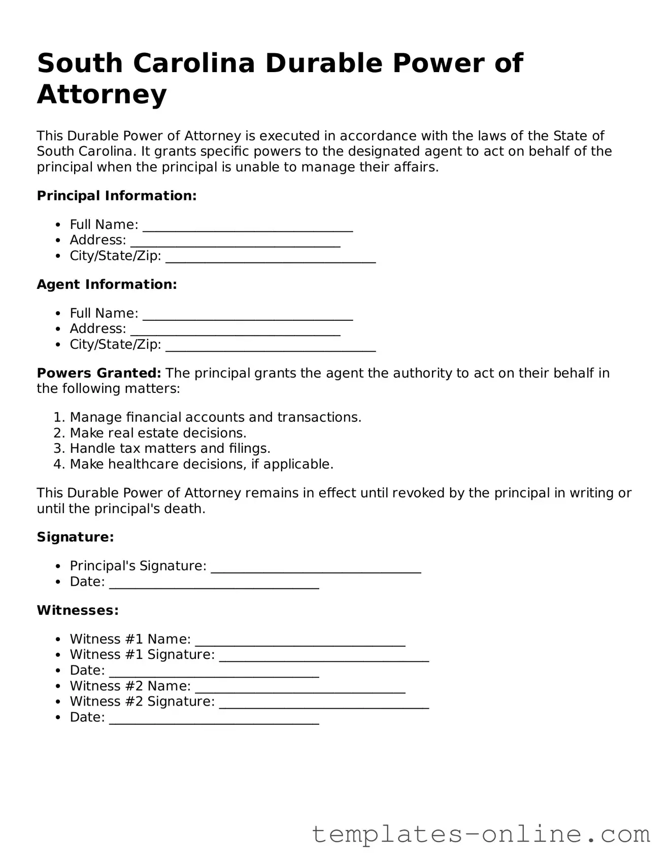 Valid  Durable Power of Attorney Template for South Carolina