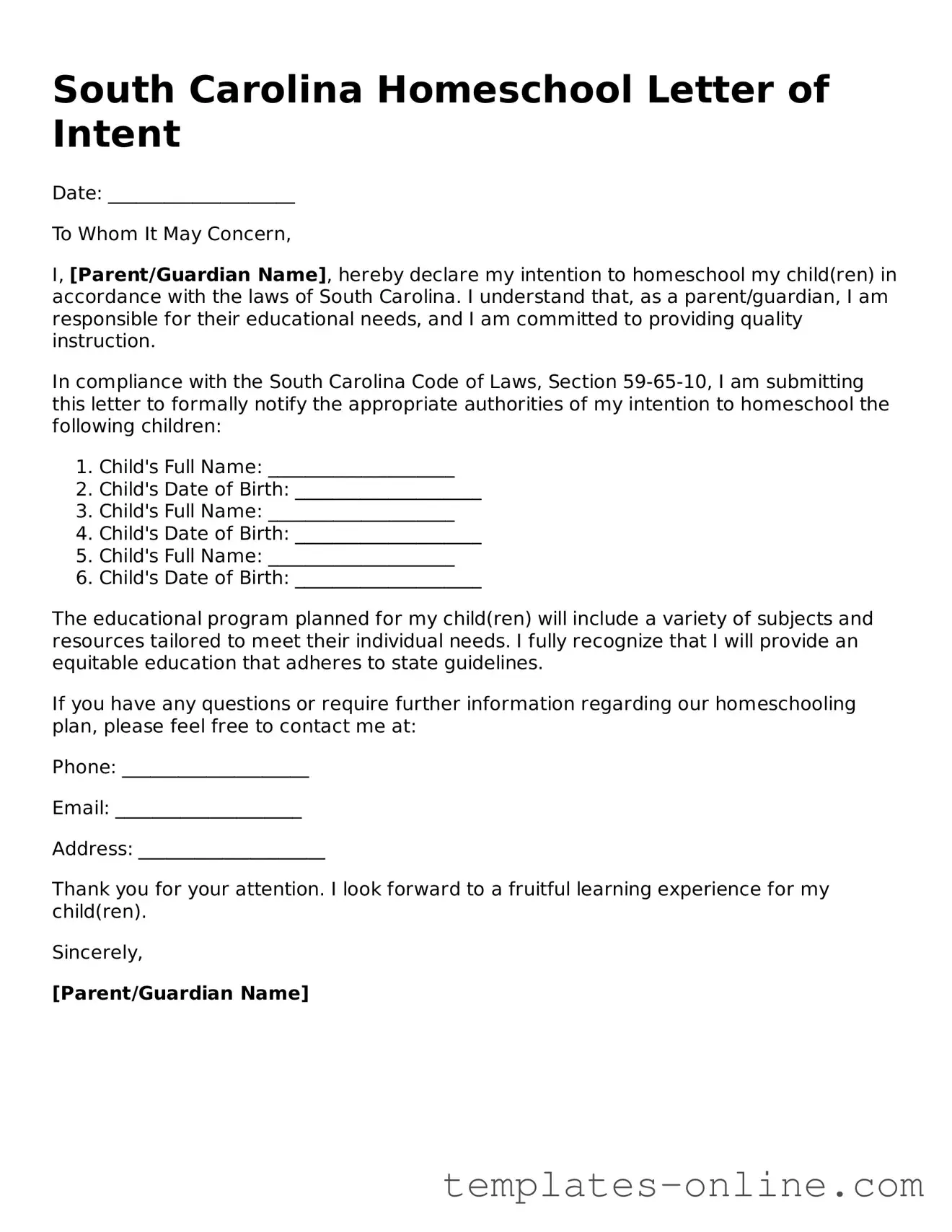Valid  Homeschool Letter of Intent Template for South Carolina