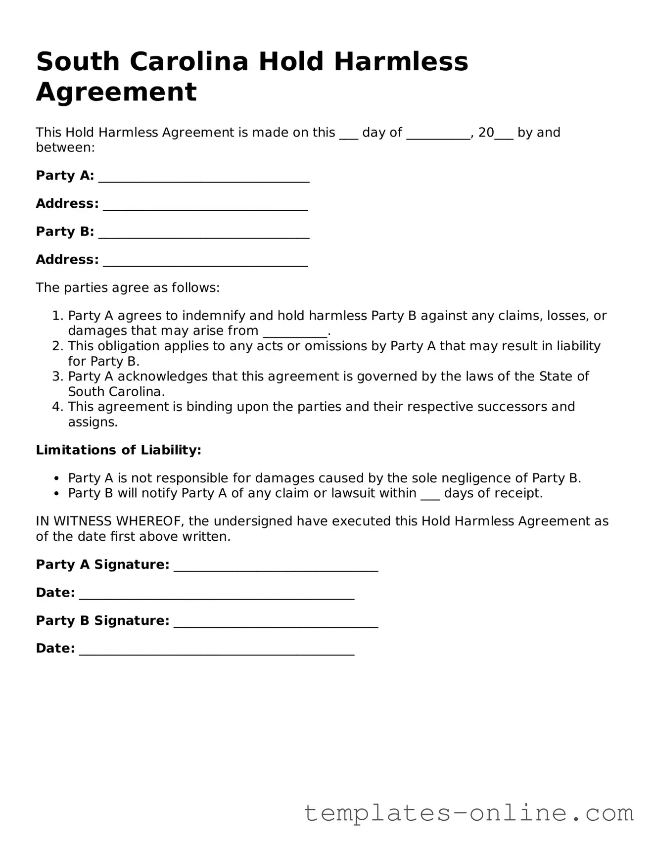 Valid  Hold Harmless Agreement Template for South Carolina