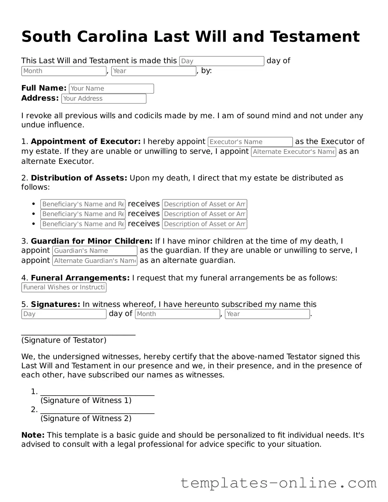 Valid  Last Will and Testament Template for South Carolina