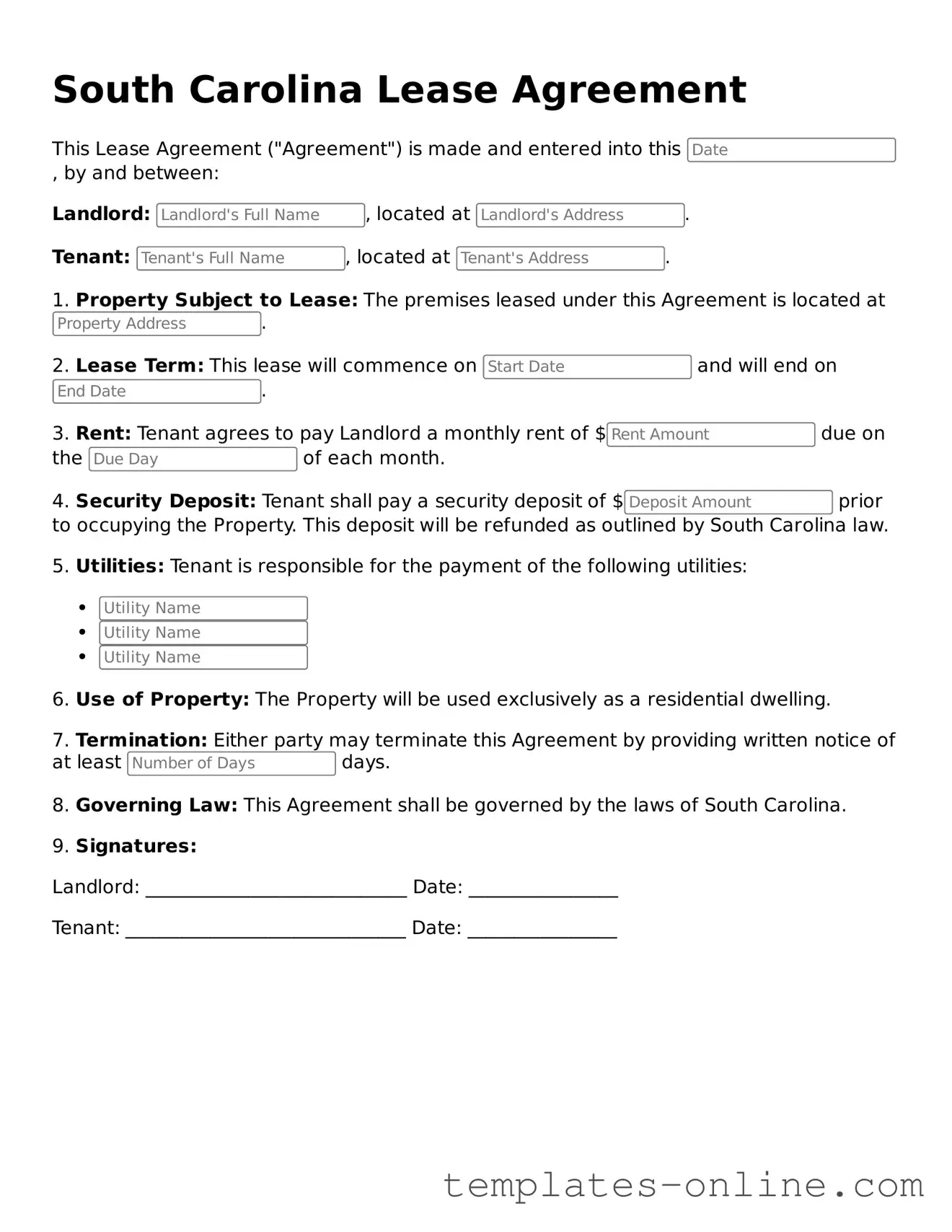 Valid  Lease Agreement Template for South Carolina