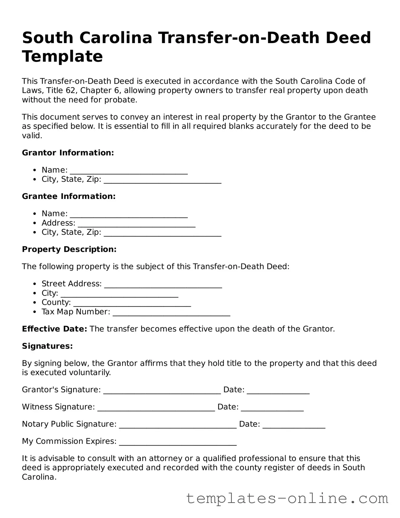 Valid  Transfer-on-Death Deed Template for South Carolina