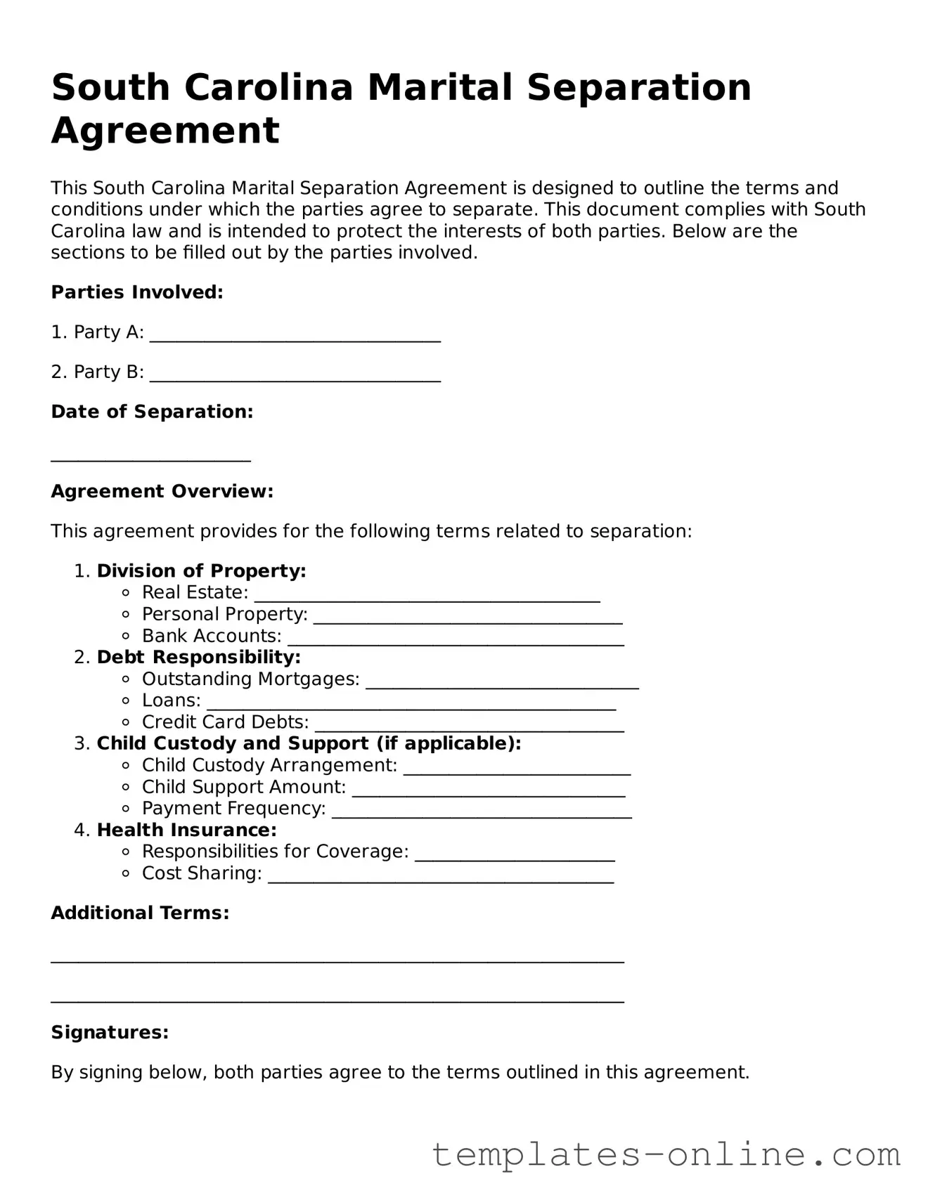 Valid  Marital Separation Agreement Template for South Carolina