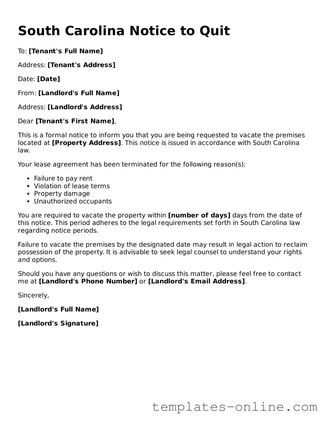 Valid  Notice to Quit Template for South Carolina