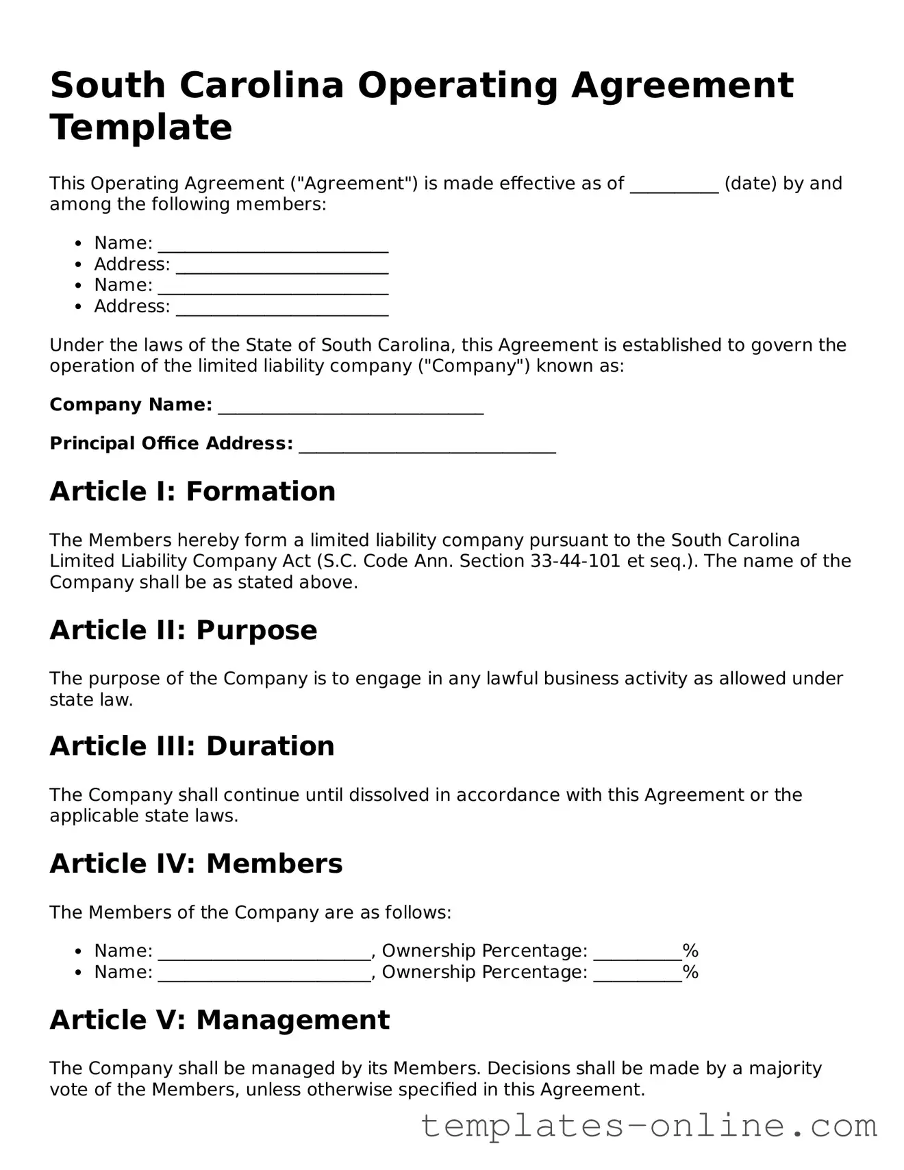 Valid  Operating Agreement Template for South Carolina