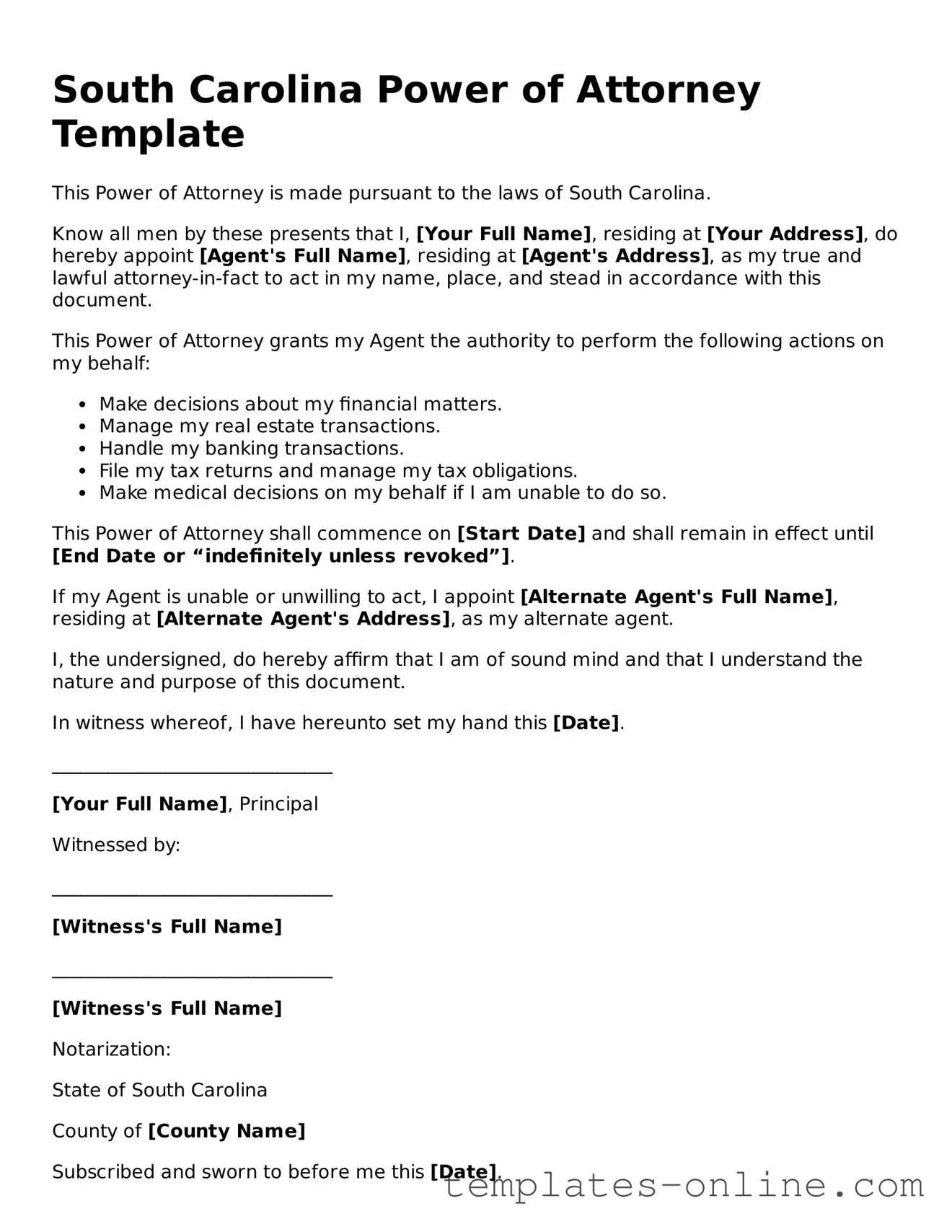 Valid  Power of Attorney Template for South Carolina
