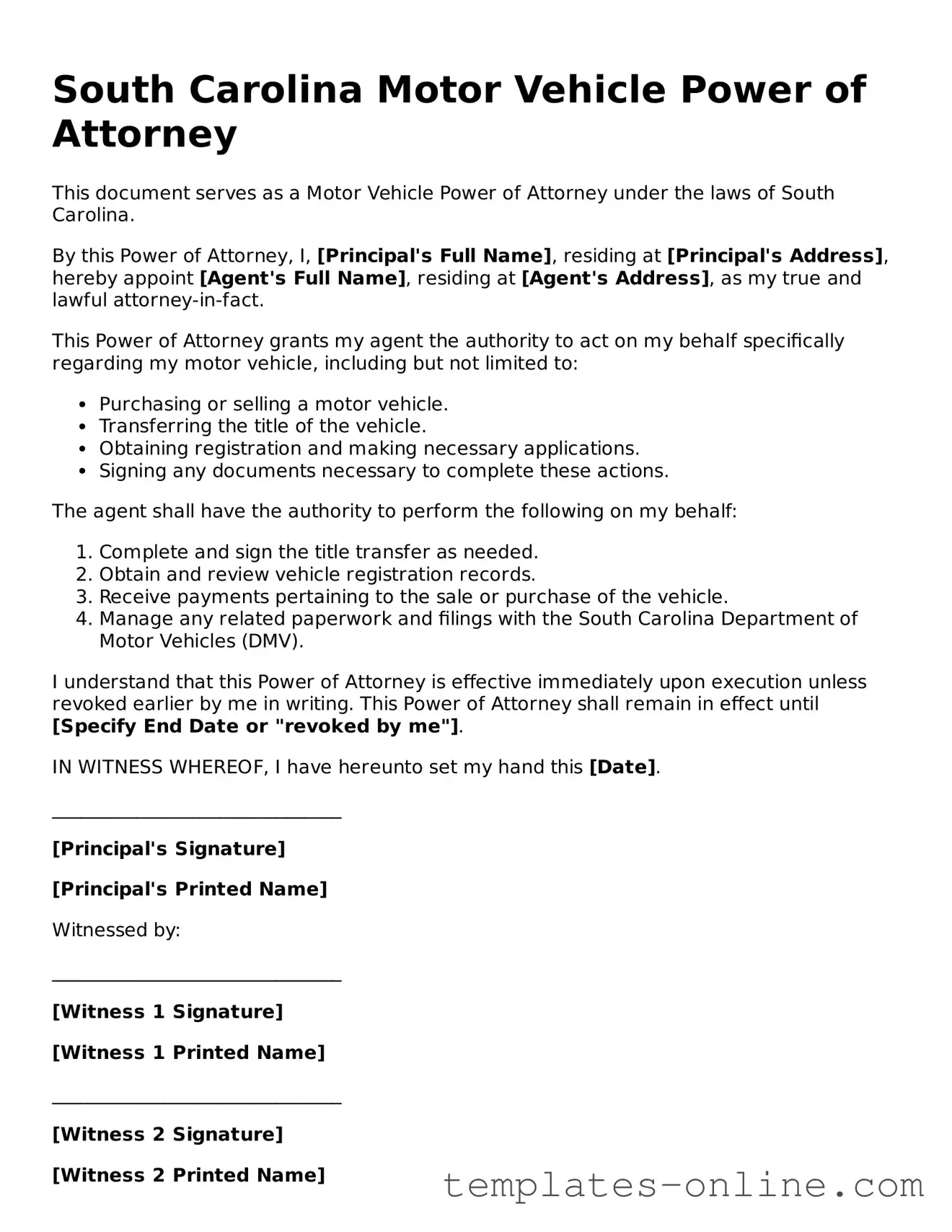 Valid  Motor Vehicle Power of Attorney Template for South Carolina