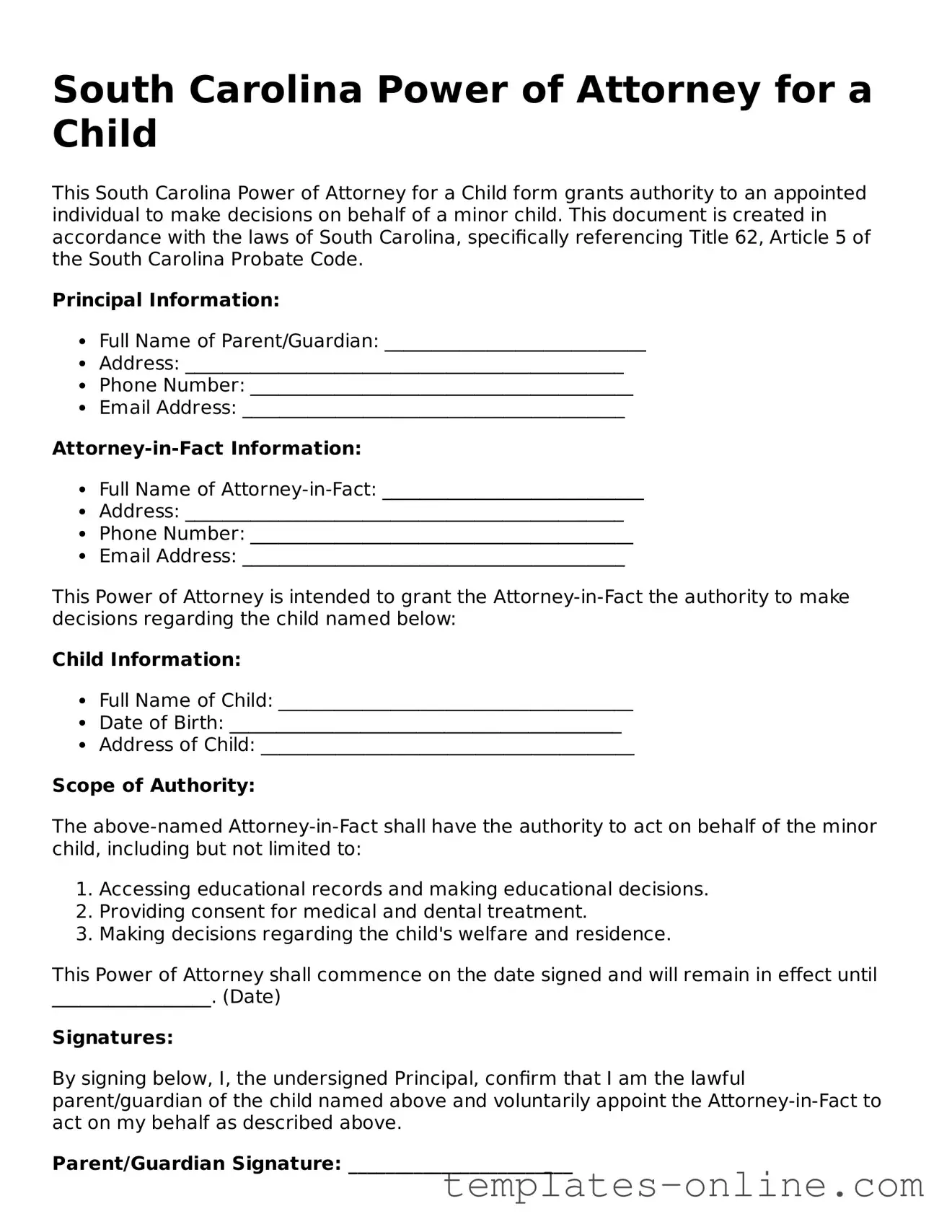 Valid  Power of Attorney for a Child Template for South Carolina