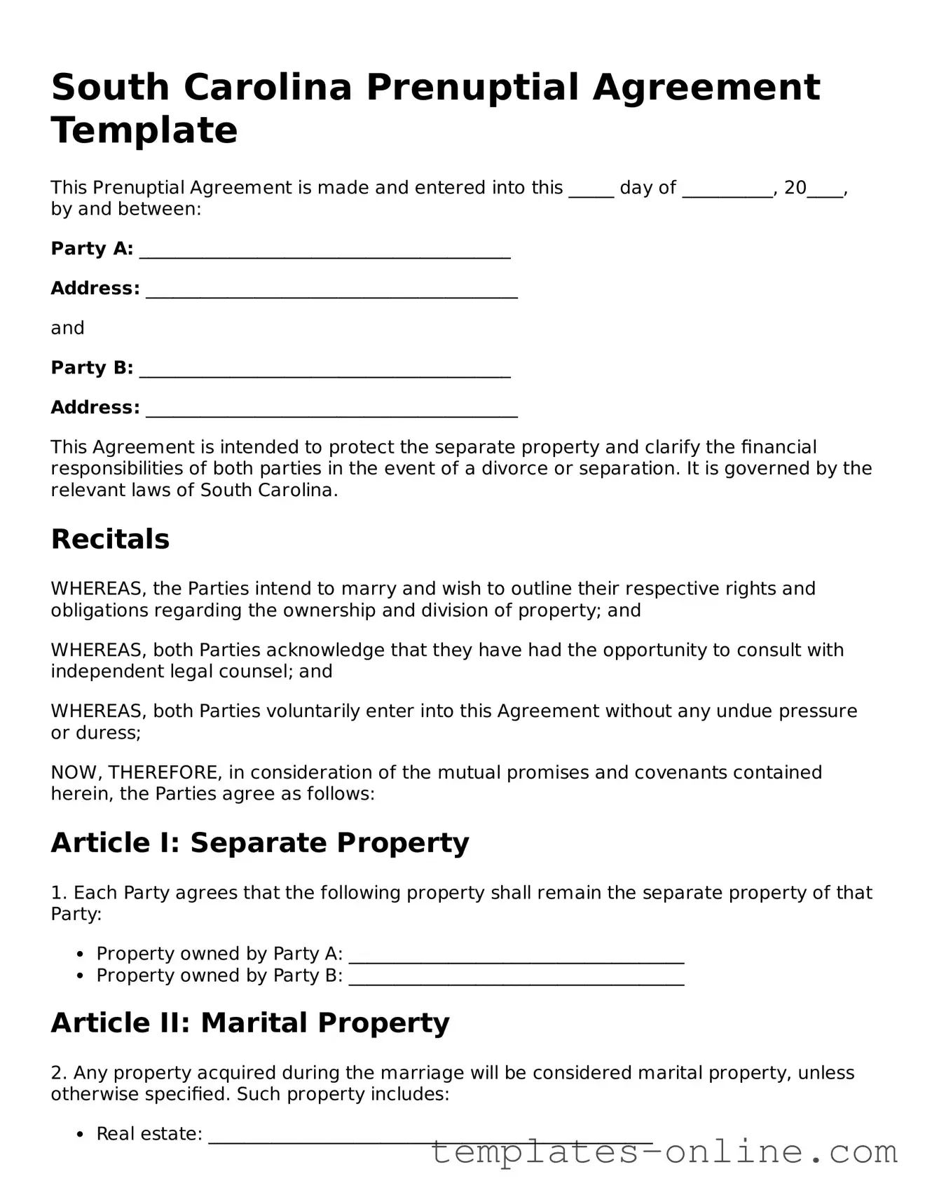 Valid  Prenuptial Agreement Template for South Carolina