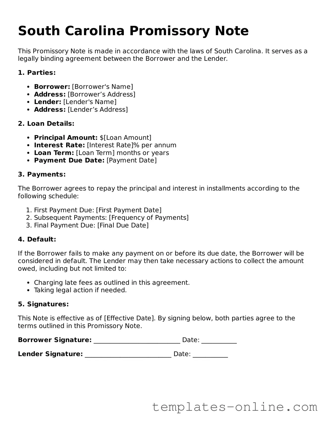 Valid  Promissory Note Template for South Carolina